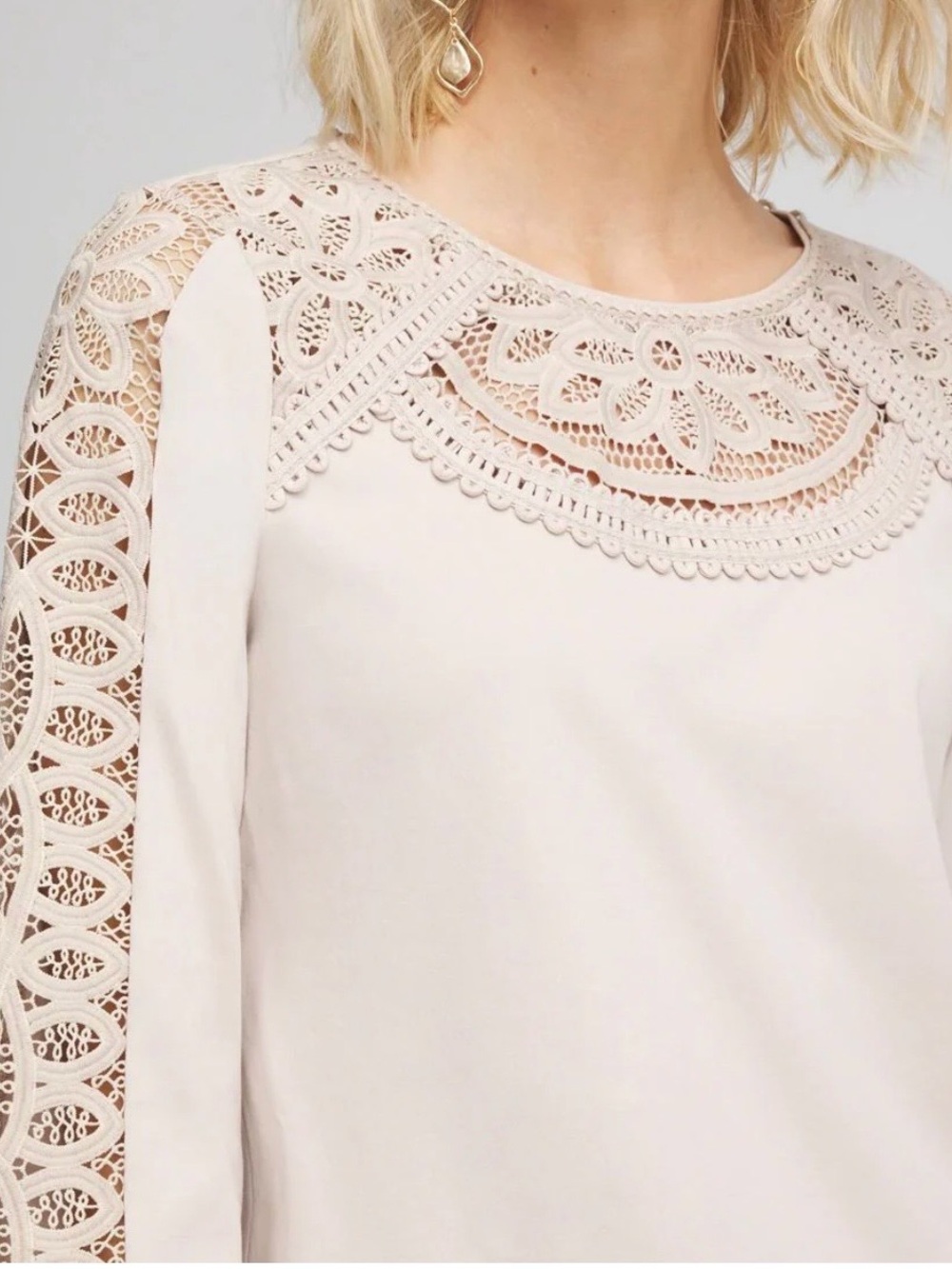 Chico's Tan Crochet Yoke  Sleeve Tee size large